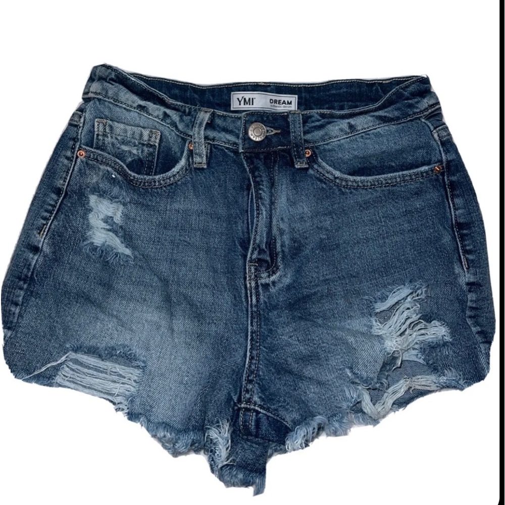 distressed blue denim shorts